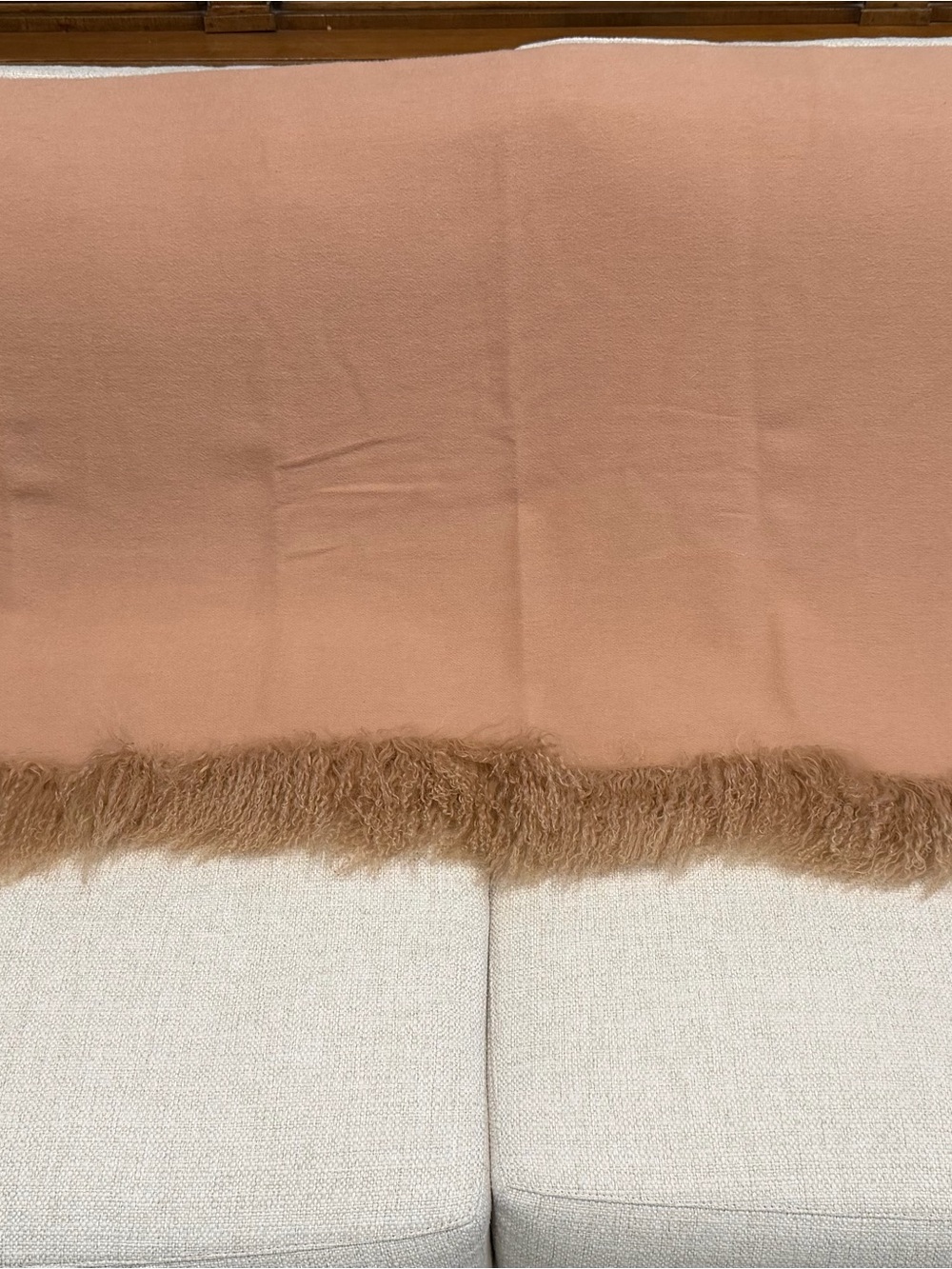 Camel wool wrap with fringe and shearling. 62 x 26 inches